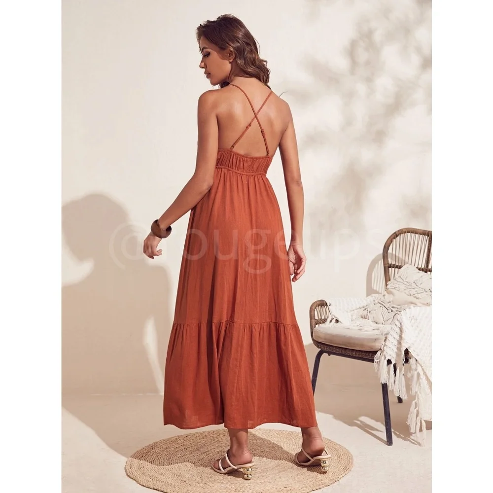 Burnt Orange Cami V-Neck Backless Criss Cross Straps Maxi Dress - Picture 6 of 12